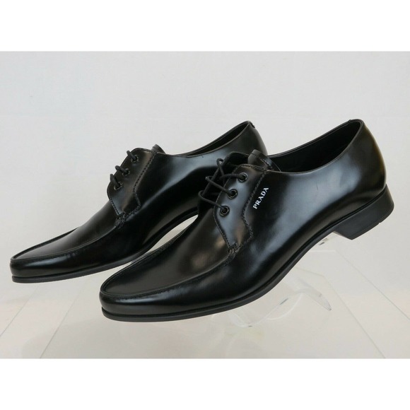 PRADA 2EC124 BLACK POLISHED LEATHER POINTED TOE LACE UP LOGO OXFORDS 11 US 12 main image 11